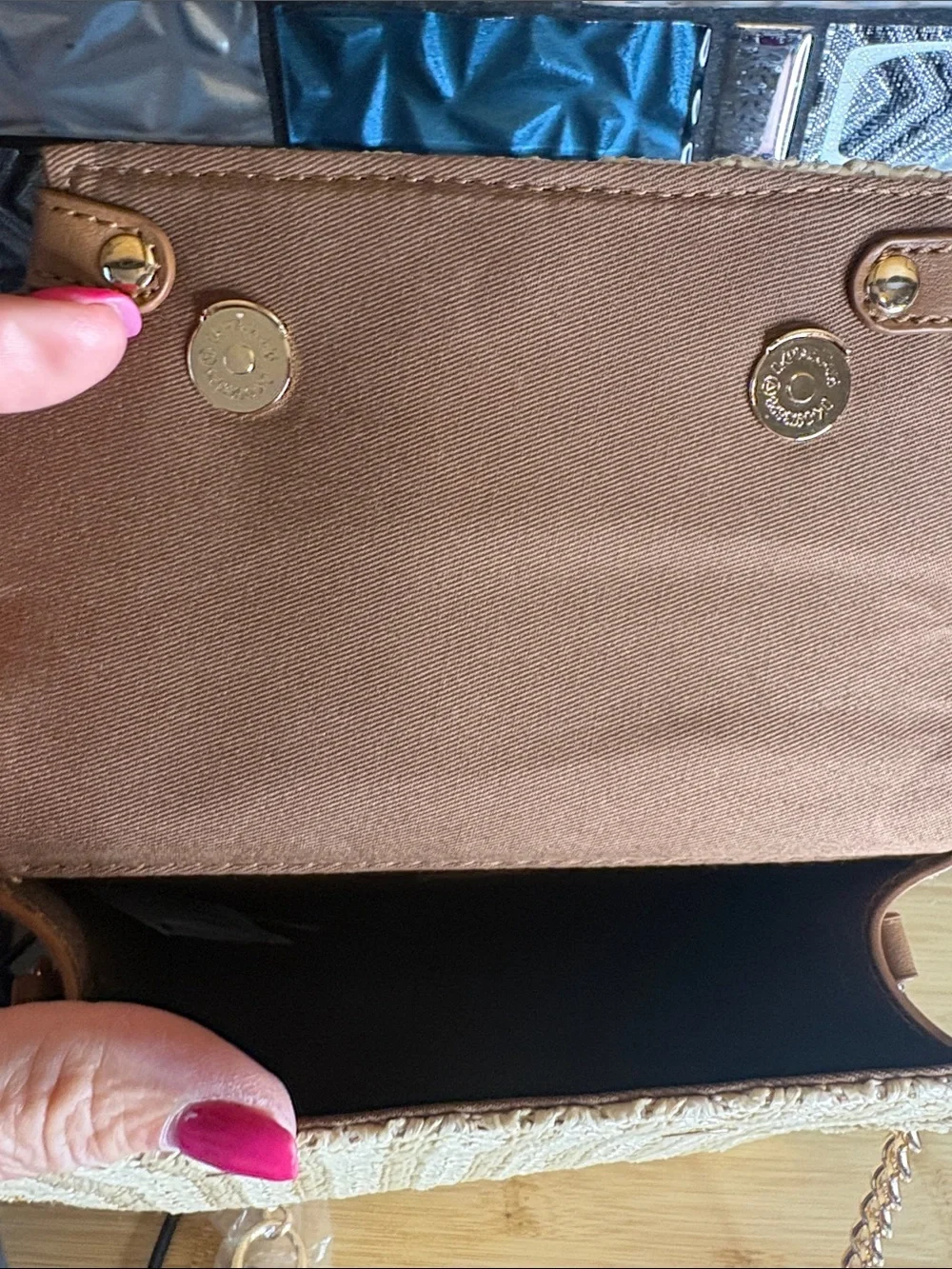 Woven Straw Satchel with Brown Trim and Gold Hardware